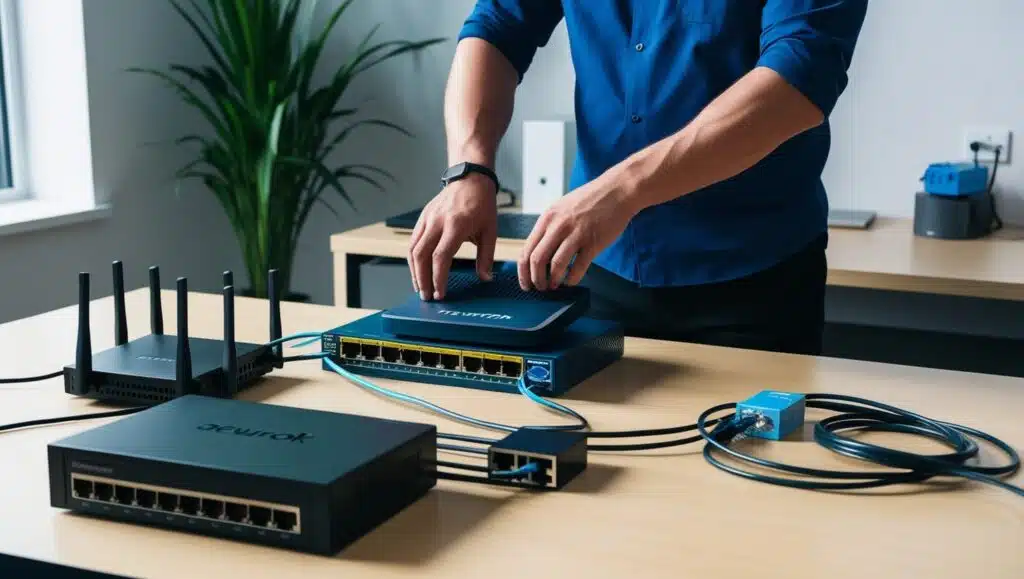 Técnico configurando equipos de red para ofrecer fibra local con soporte técnico cercano